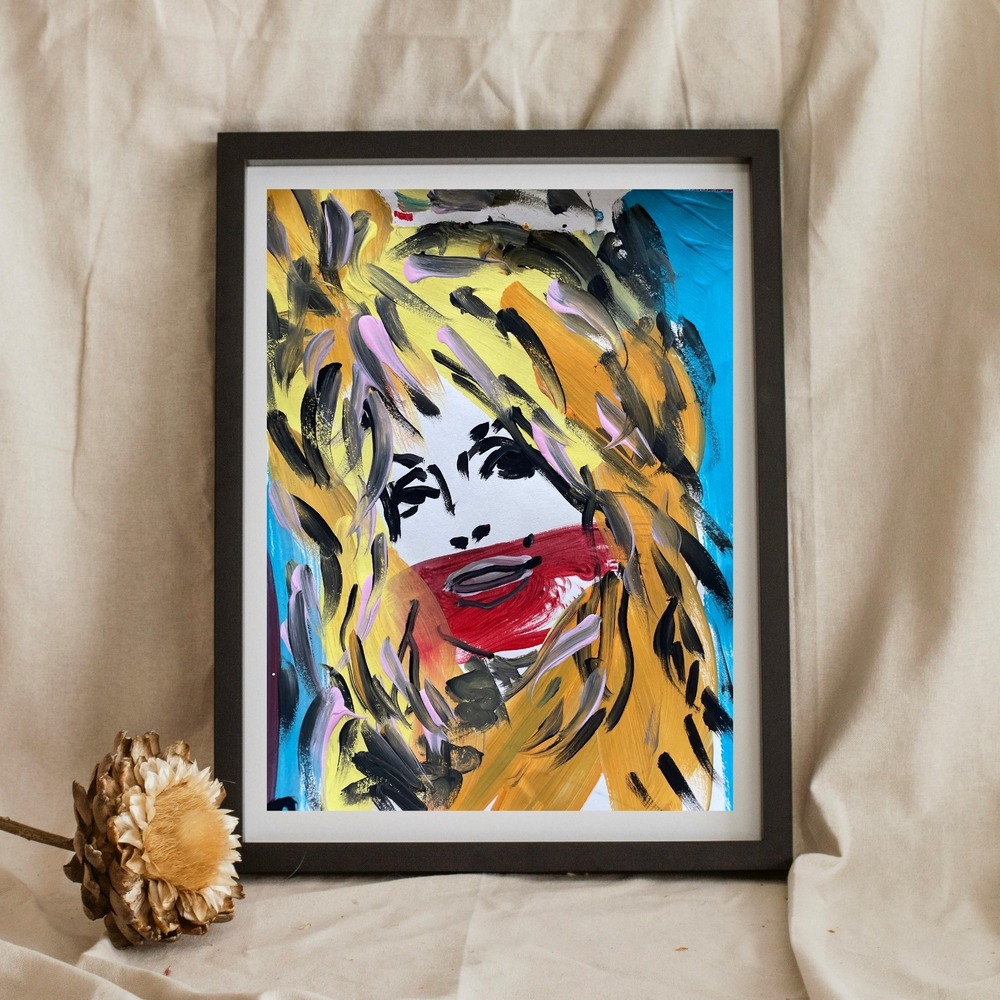OMAN Dolly Parton Abstract Pop Art Portrait Painting 8.5x11 Paper Blue Yellow